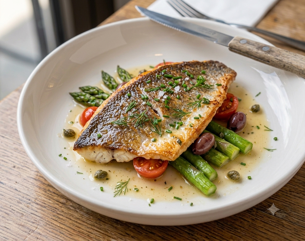 Pan-seared fish fillet with asparagus and tomatoes