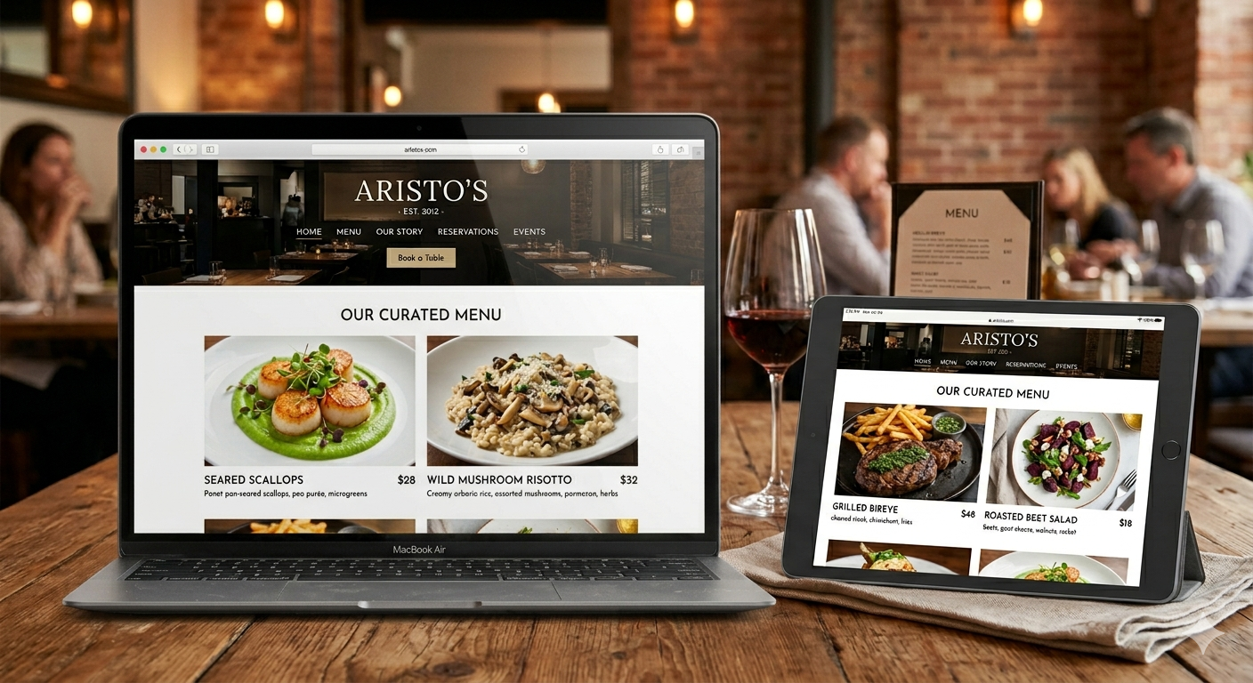 Restaurant website preview on laptop and tablet — Aristo's